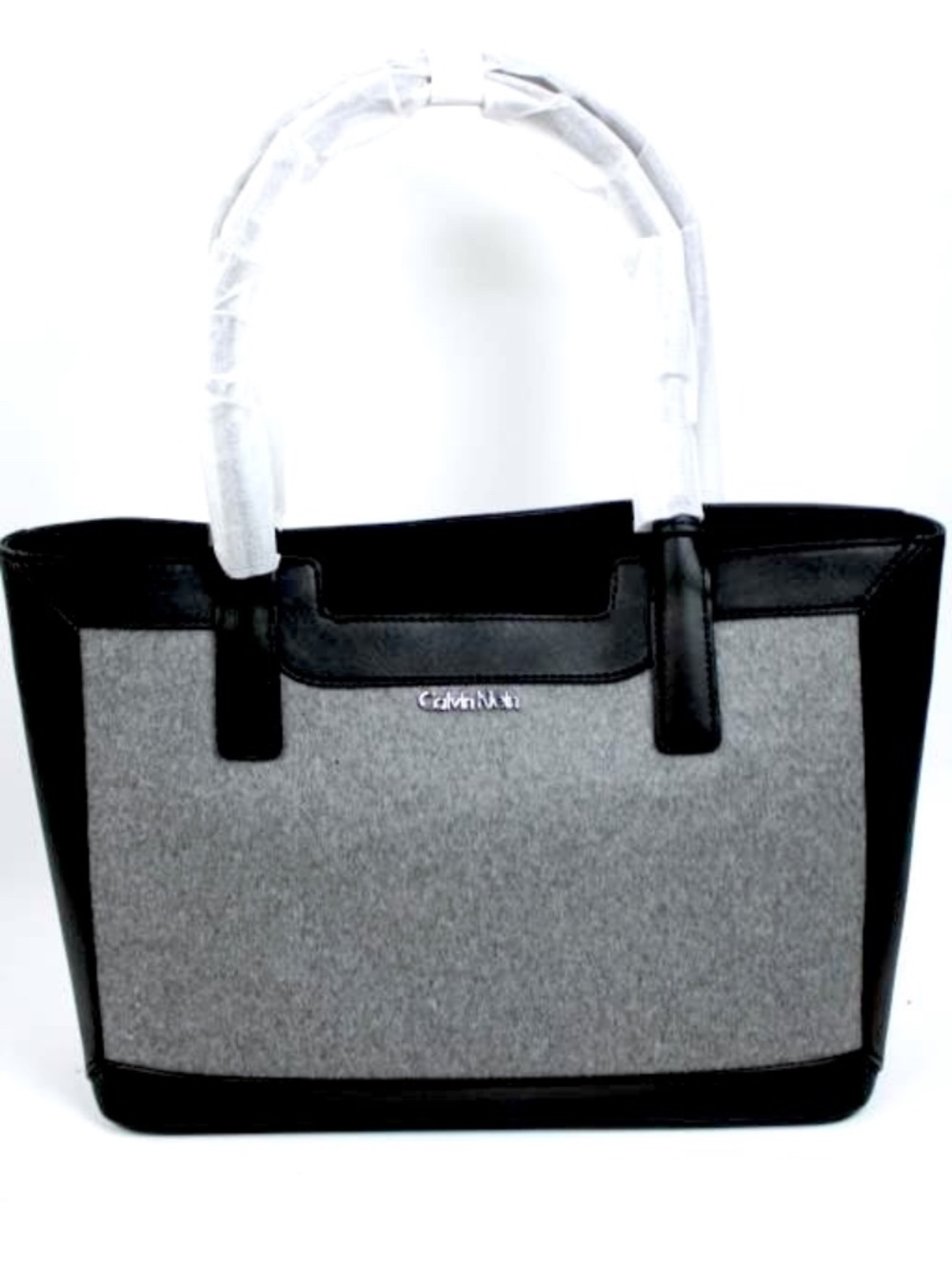 CALVIN KLEIN GRAY WOOL AND LEATHER TOTE NWT